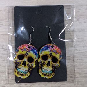 Colorful Sugar Skull Dangle Earrings Day of the Dead Skull Hook Earrings